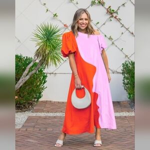 NWT CROSBY by Mollie Burch Asymmetrical Pink and Orange Linen Dress